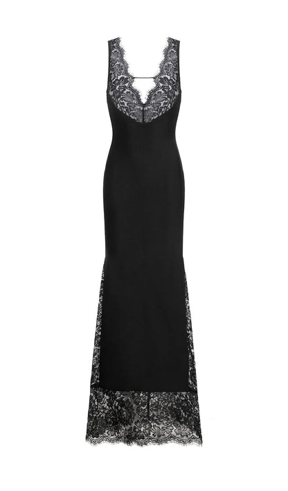Lace Deep V Maxi Dress In Black