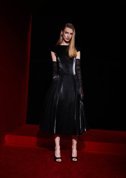 Shiny Midi Dress With Gathered Skirt