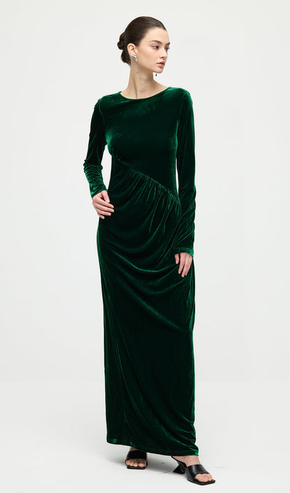 Long Sleeved Gathers  Maxi Dress In Dark Green
