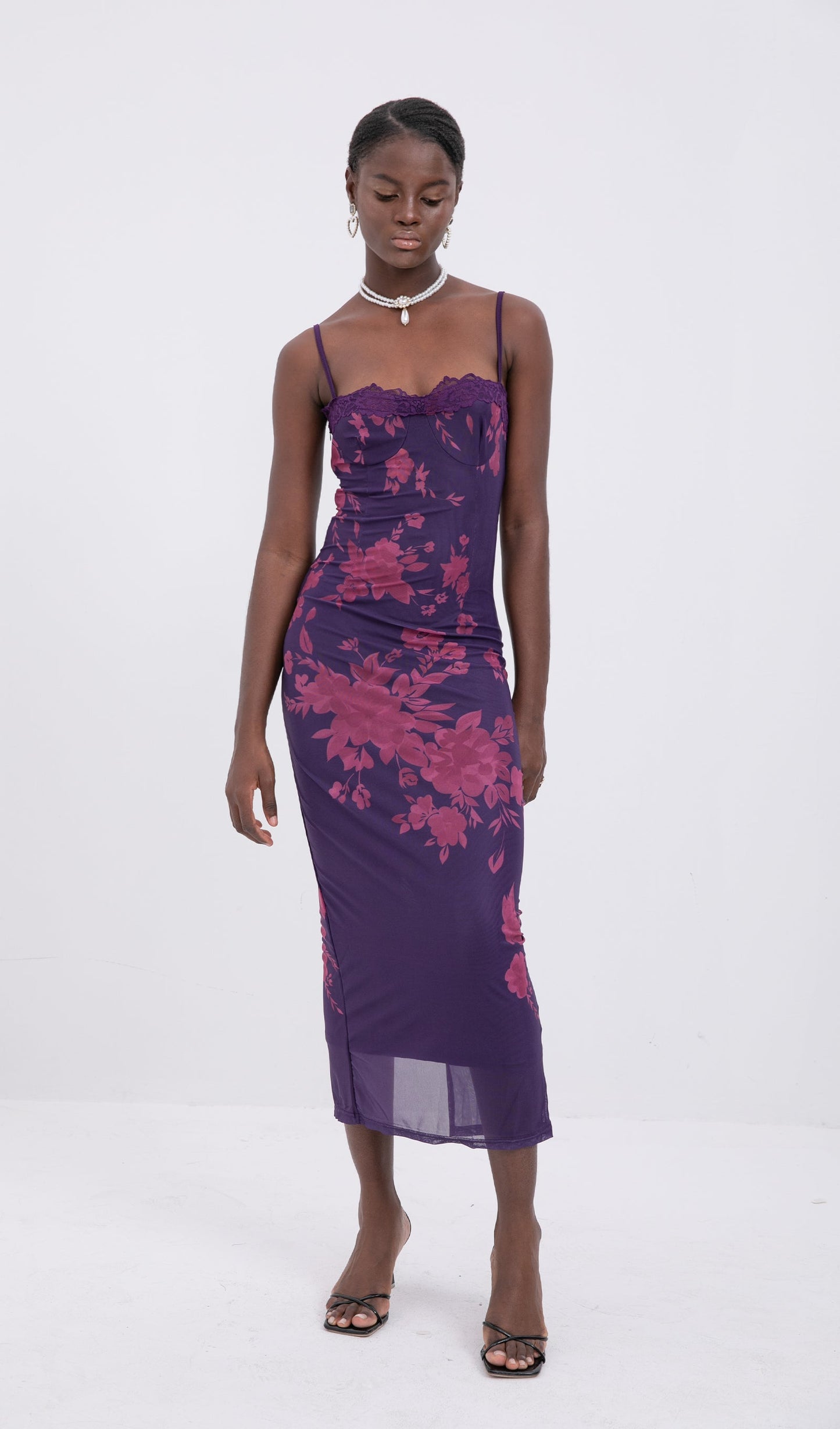Trendy Tied Lace Floral Mesh Midi Dress