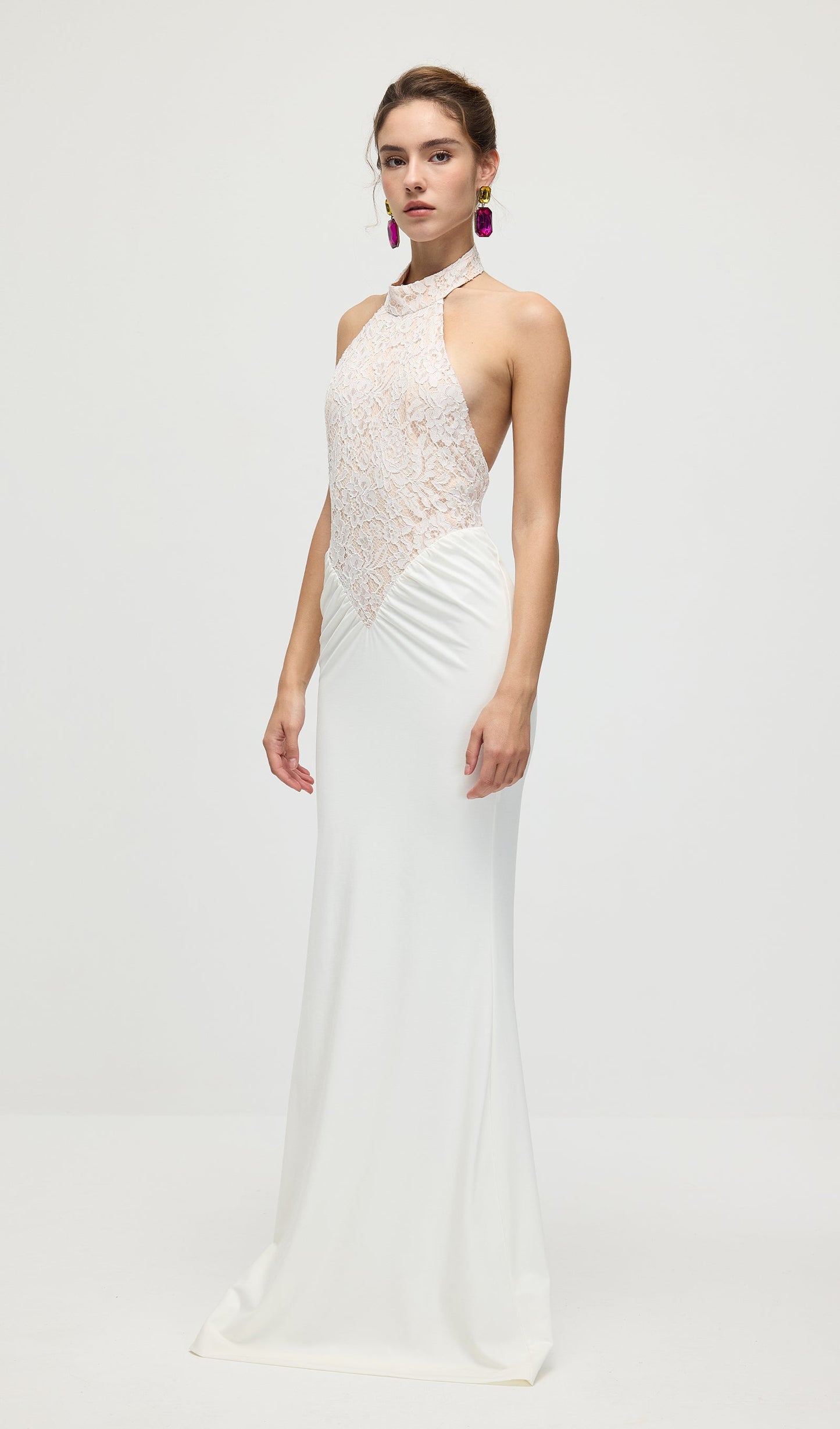 Gathered Lace Jersey Halterneck Dress