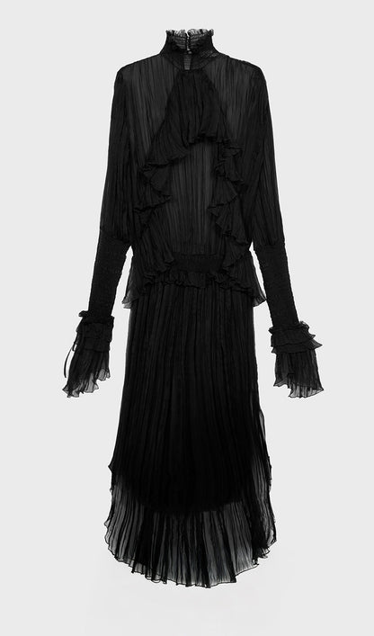 Pleated Silk-Chiffon Slit Maxi Dress In Black