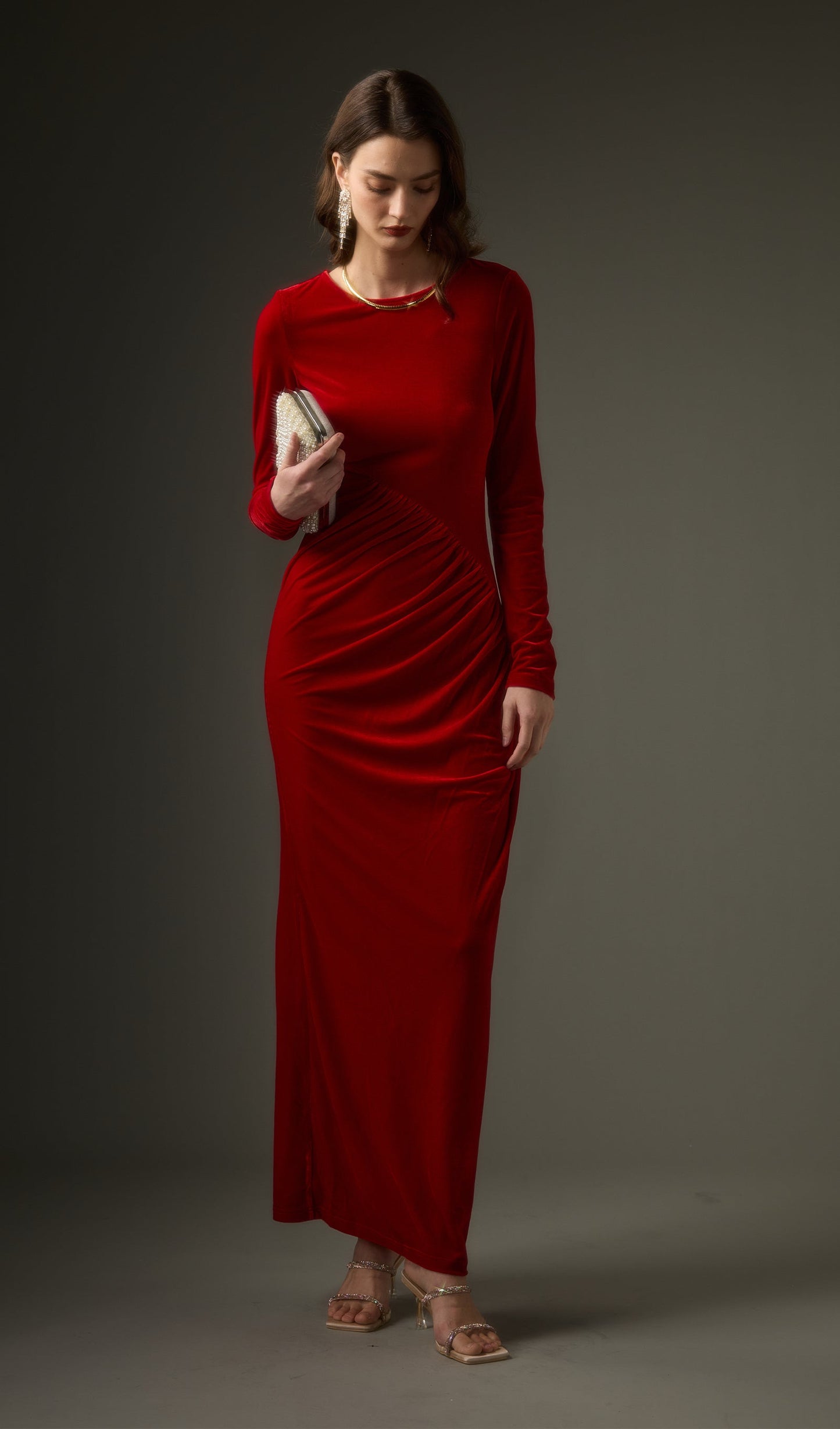 Long Sleeved Gathers  Maxi Dress In Red