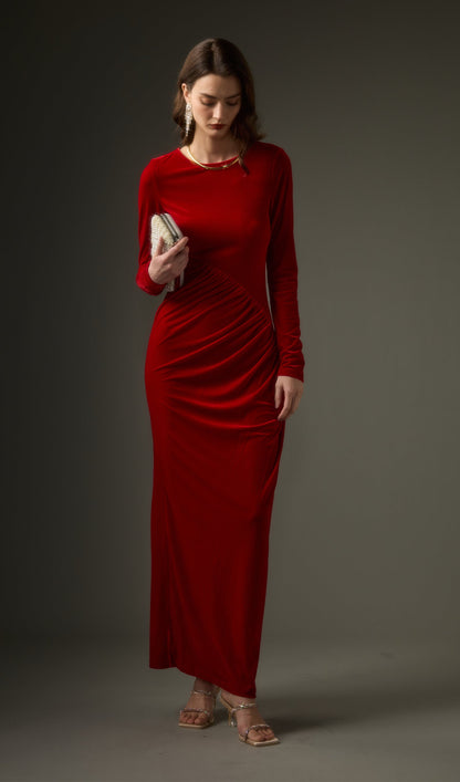 Long Sleeved Gathers  Maxi Dress In Red