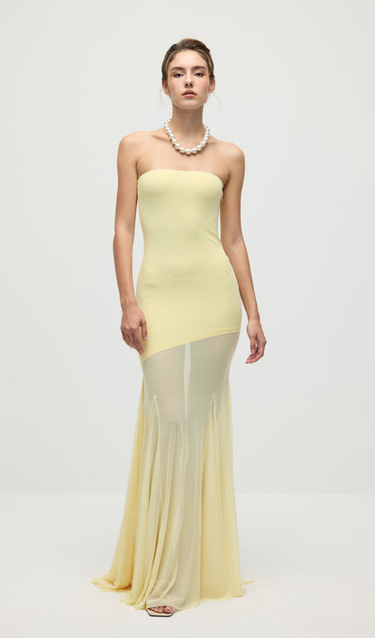 Off Shoulder Jersey With Mesh Maxi Dress In Yellow
