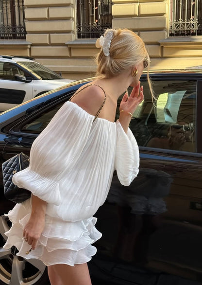 Oralee Off Shoulder Organza Mini Dress In White
