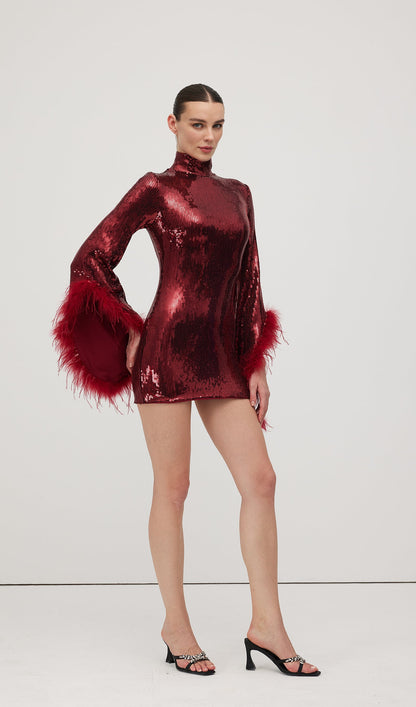 Feather Trimmed Sequined Mini Dress