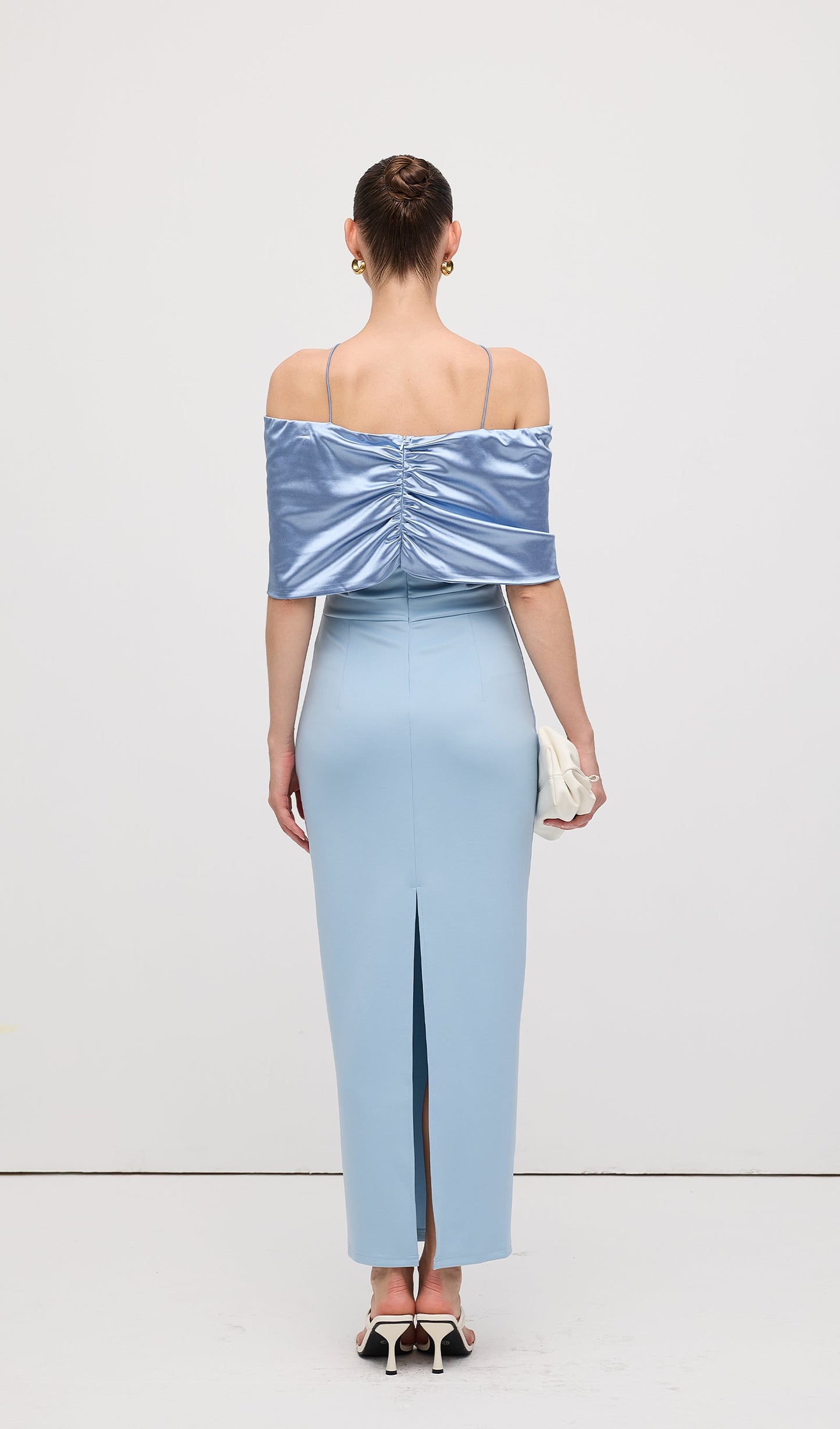 Off Shoulder Draped Satin Maxi Dress