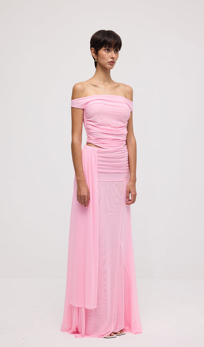 Mesh Top & Maxi Skirt In Pink