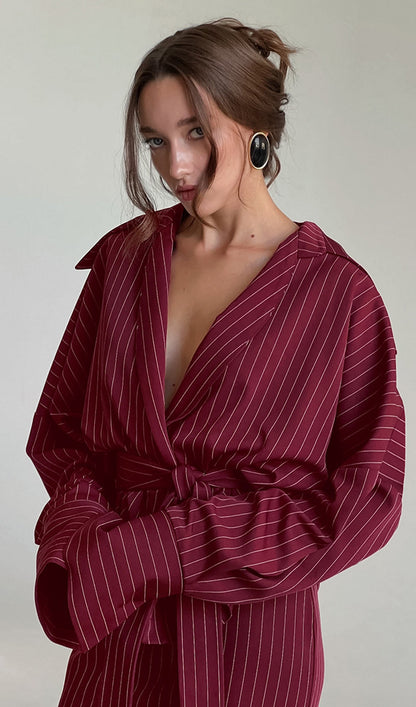 Striped Deep V Neck Tie-Up Maxi Skirt Two Piece Set
