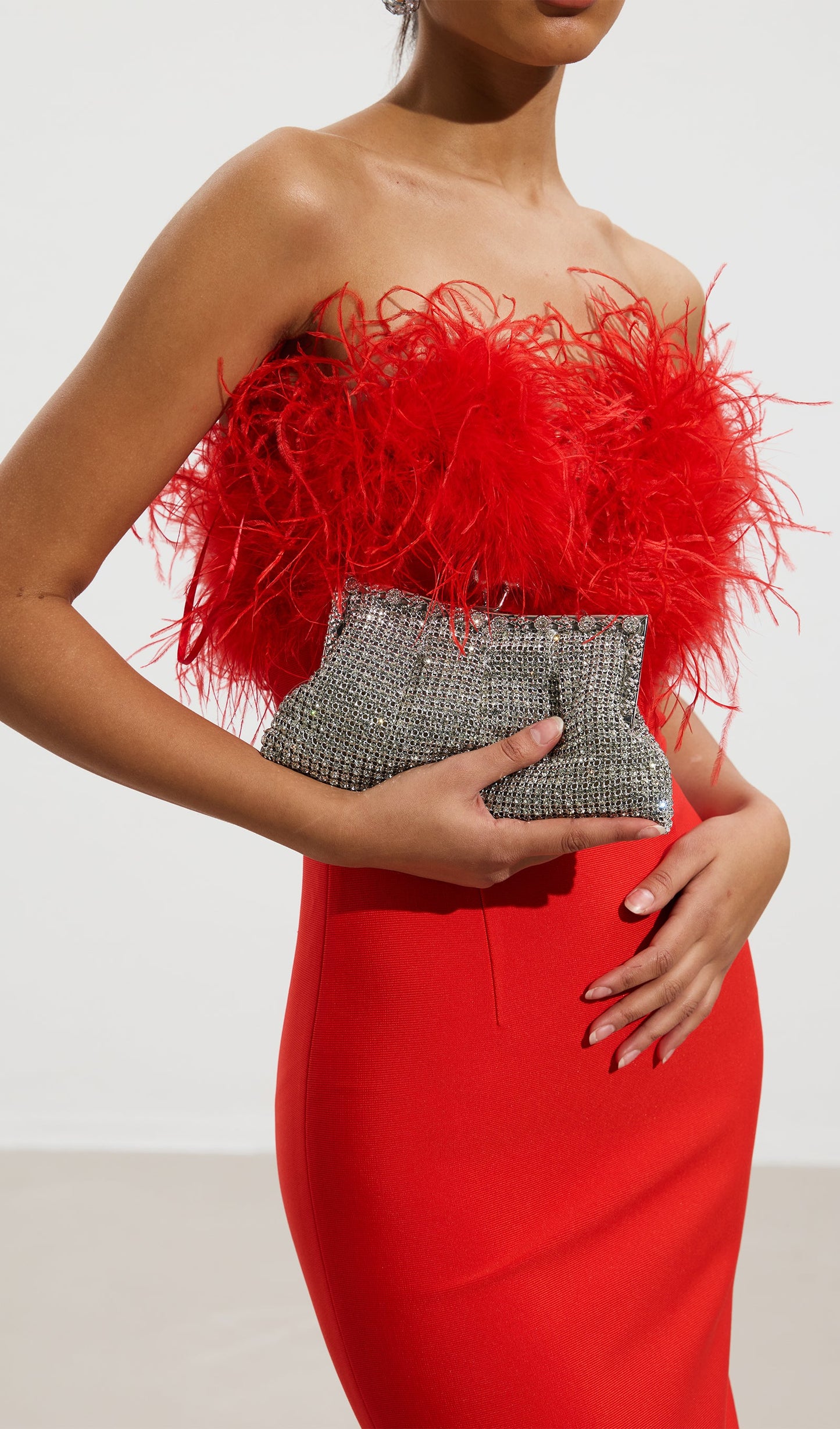 Lena Feather Trimmed Midi Dress Red