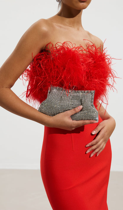 Lena Feather Trimmed Midi Dress Red