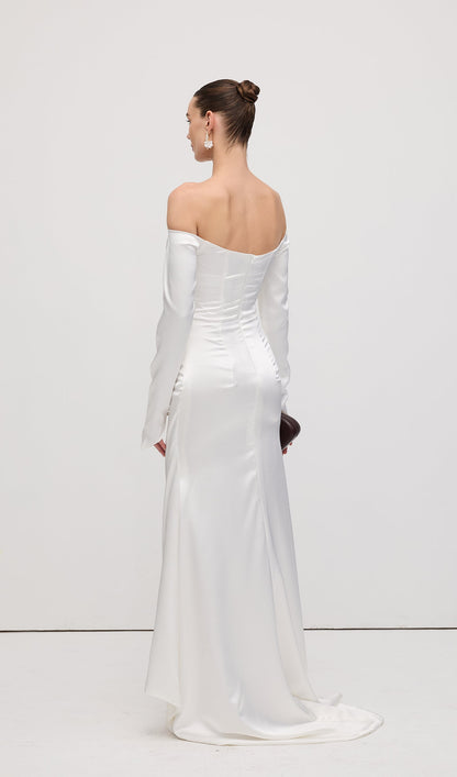 Satin Off Shoulder Ruched Maxi Dress