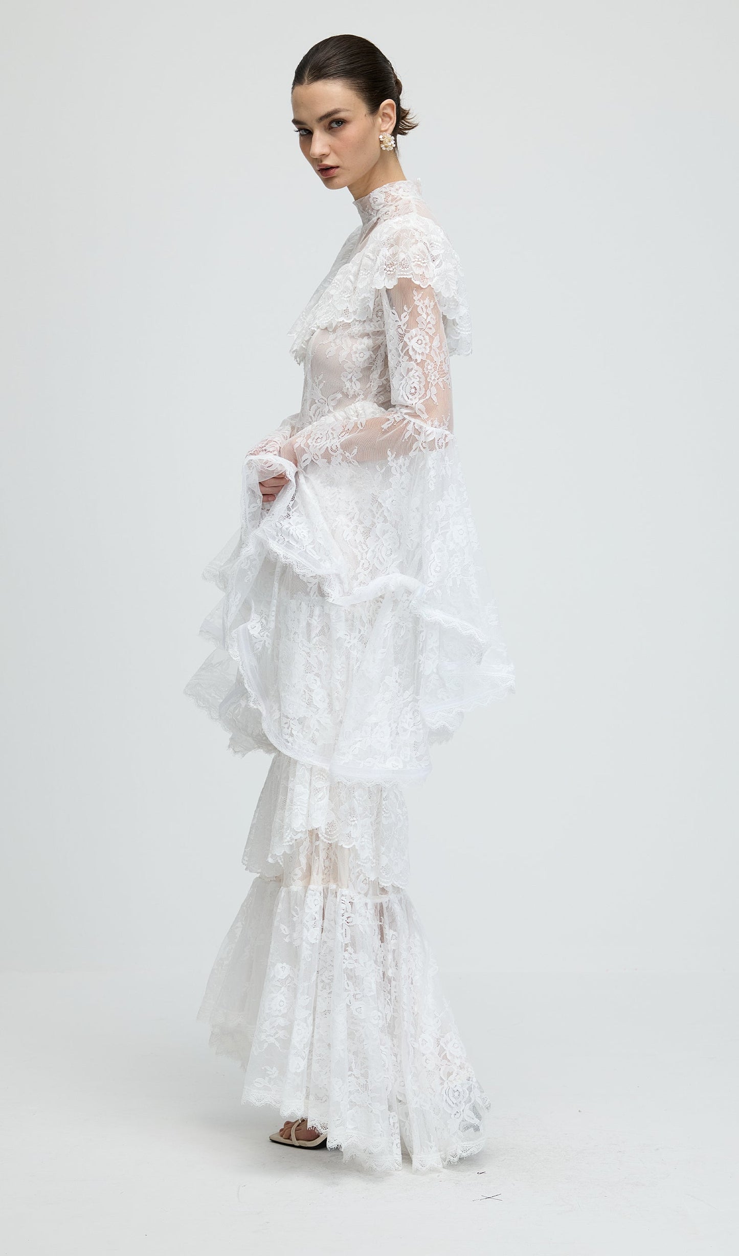 Floral Lace Ruffled Maxi Dress In White