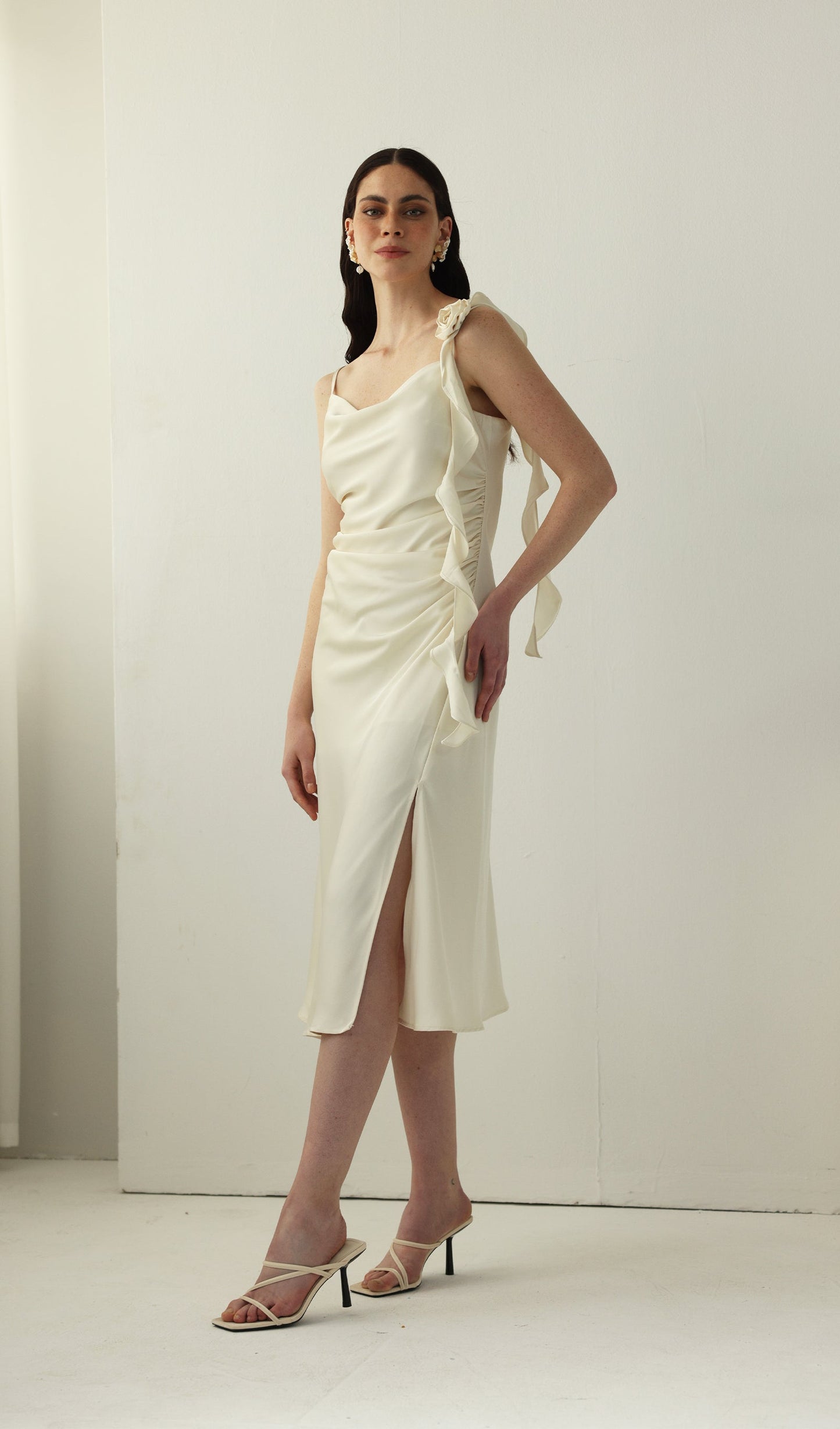 Satin Ruched Midi Slip Dress