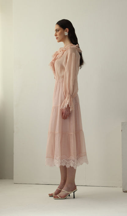Long Sleeved Lace Panel Midi Skirt