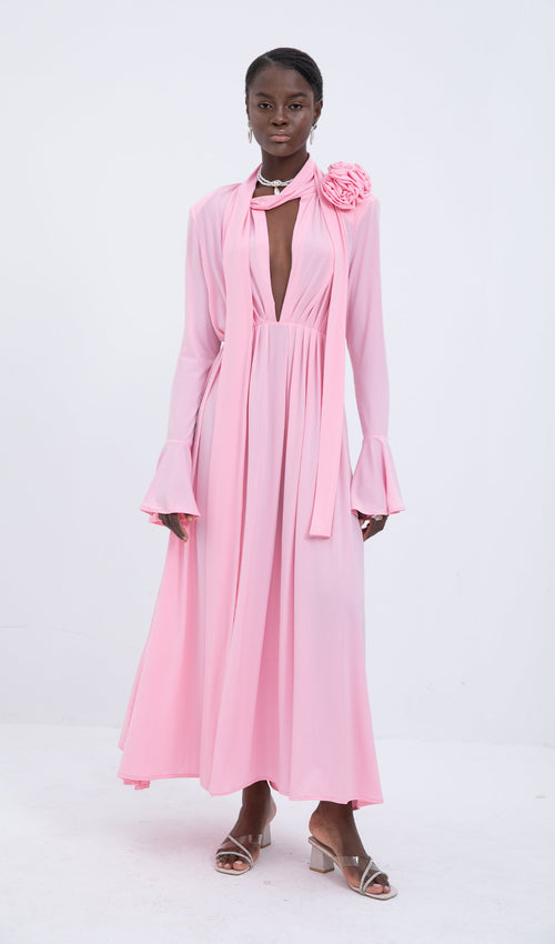 Trendy V-Neck Pleated Slit Maxi Dress-Pink