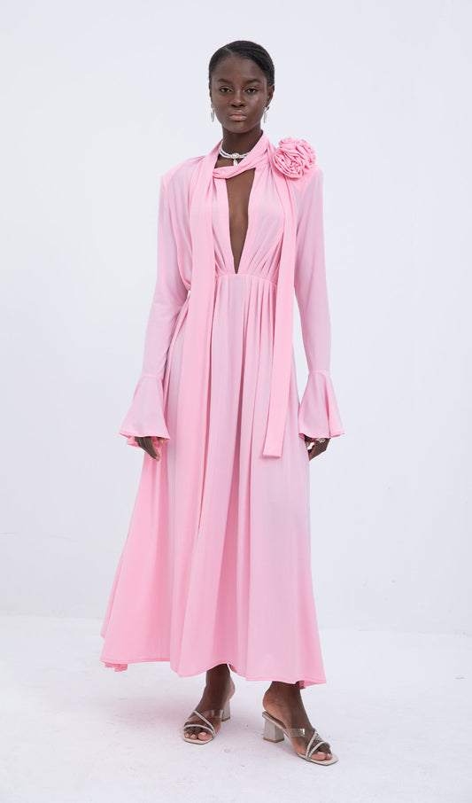 Trendy V-Neck Pleated Slit Maxi Dress-Pink