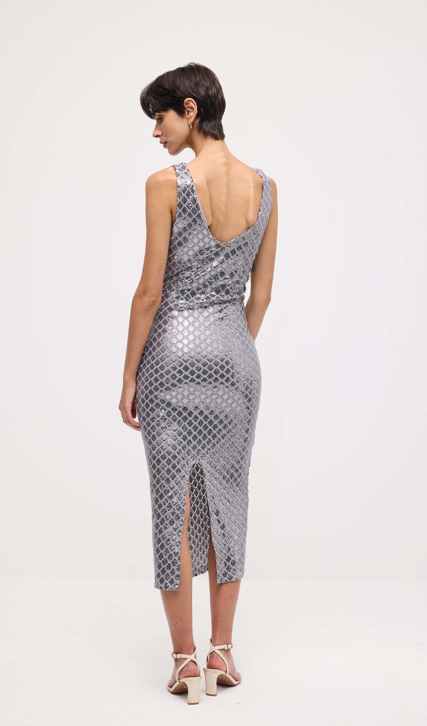 Sleeveless Embellished V Neck Midi Dress