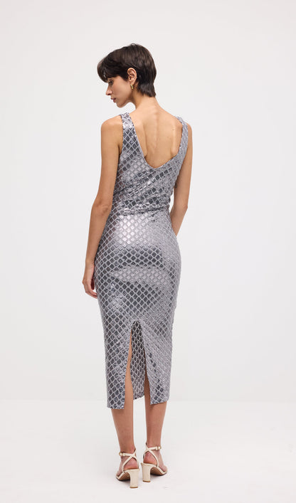 Sleeveless Embellished V Neck Midi Dress