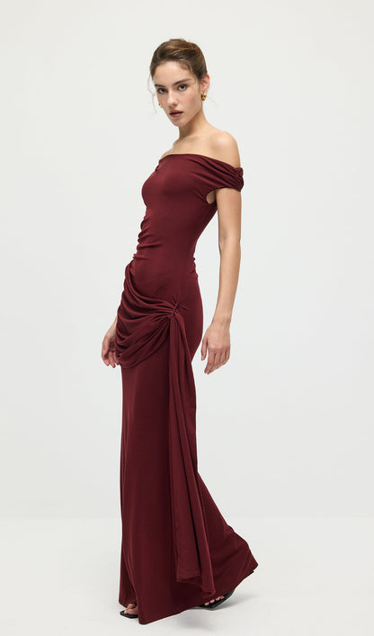 Solid Slinky Fishtail Maxi Dress In Mahogany