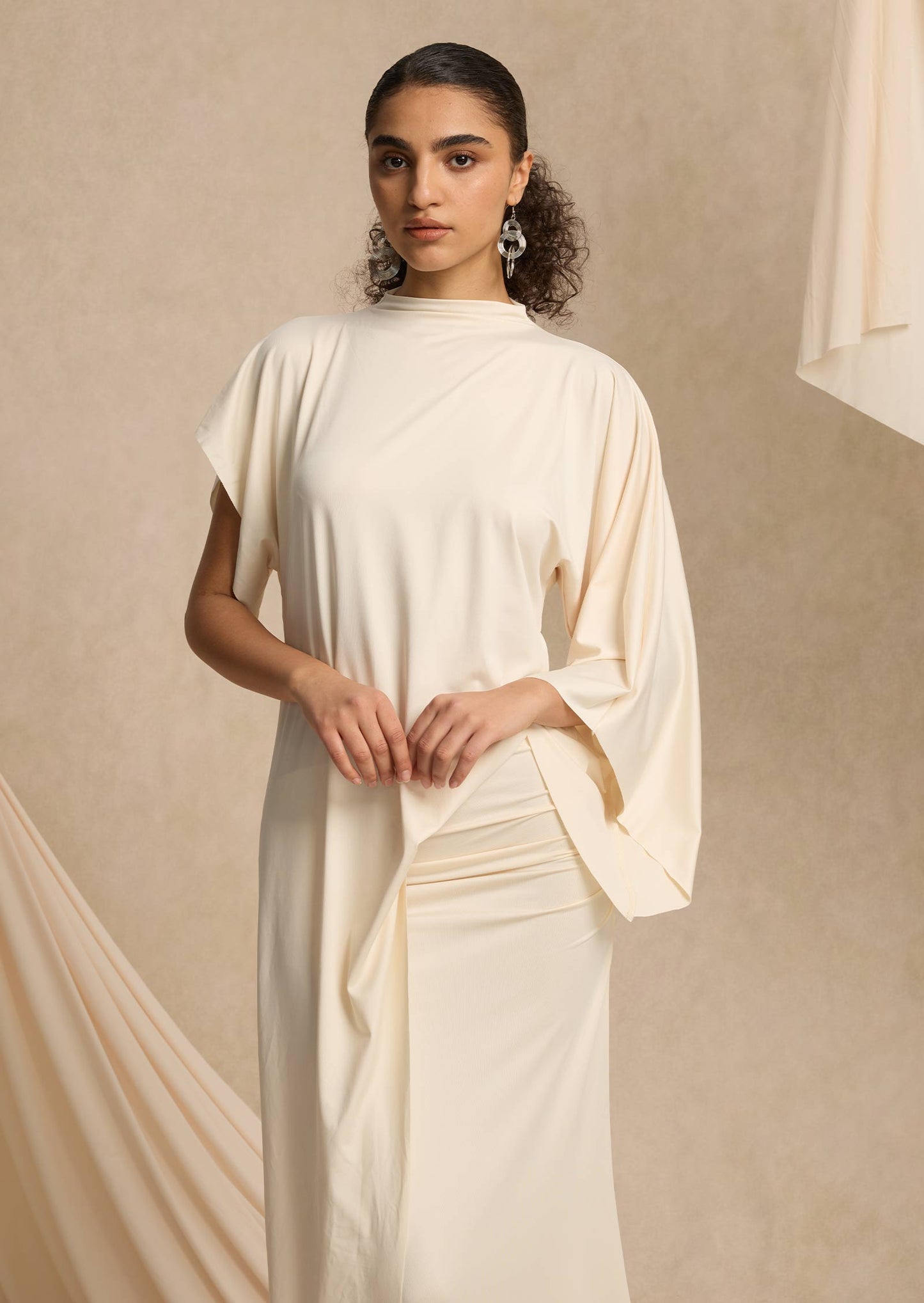 Asymmetrical Blouse & Maxi Skirt With Draped Set