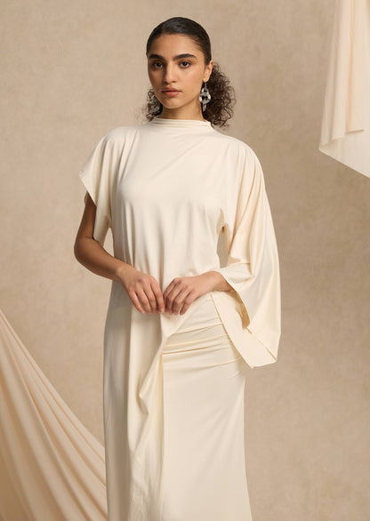 Asymmetrical Blouse & Maxi Skirt With Draped Set