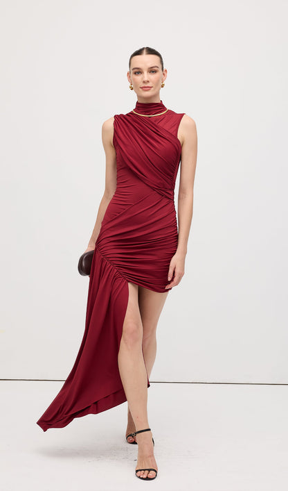 Asymmetrical Draping Mini Dress Claret