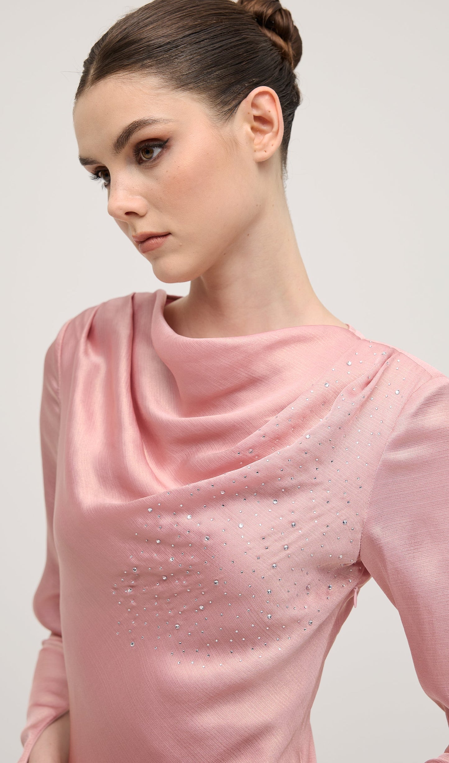 Fitted Satin With Rhinestones Maxi Dress In Pink