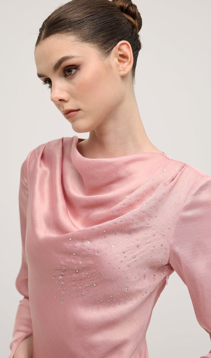Fitted Satin With Rhinestones Maxi Dress In Pink