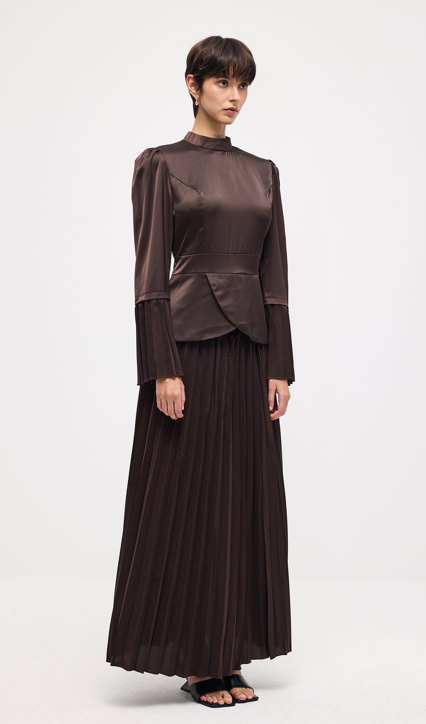 Solid Pleated Peplum Two Piece Set Maxi Skirt