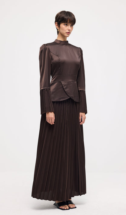 Solid Pleated Peplum Two Piece Set Maxi Skirt