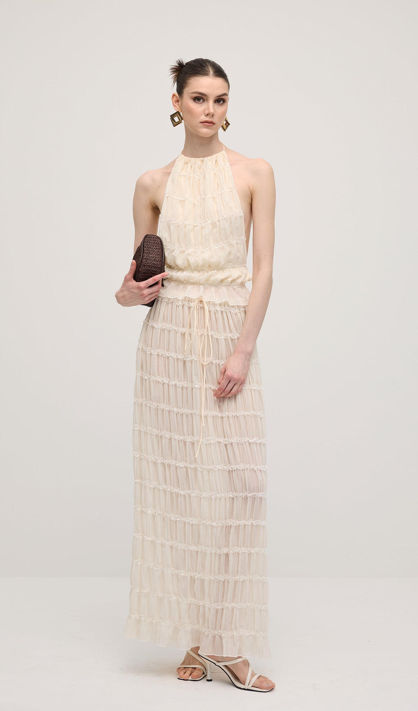 Halter Top & Ruched Detail Maxi Skirt Sets In White