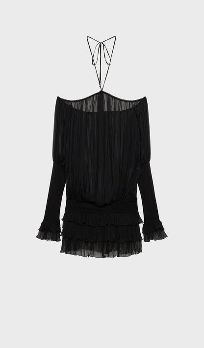 Long Sleeve Pleated Dress In Black