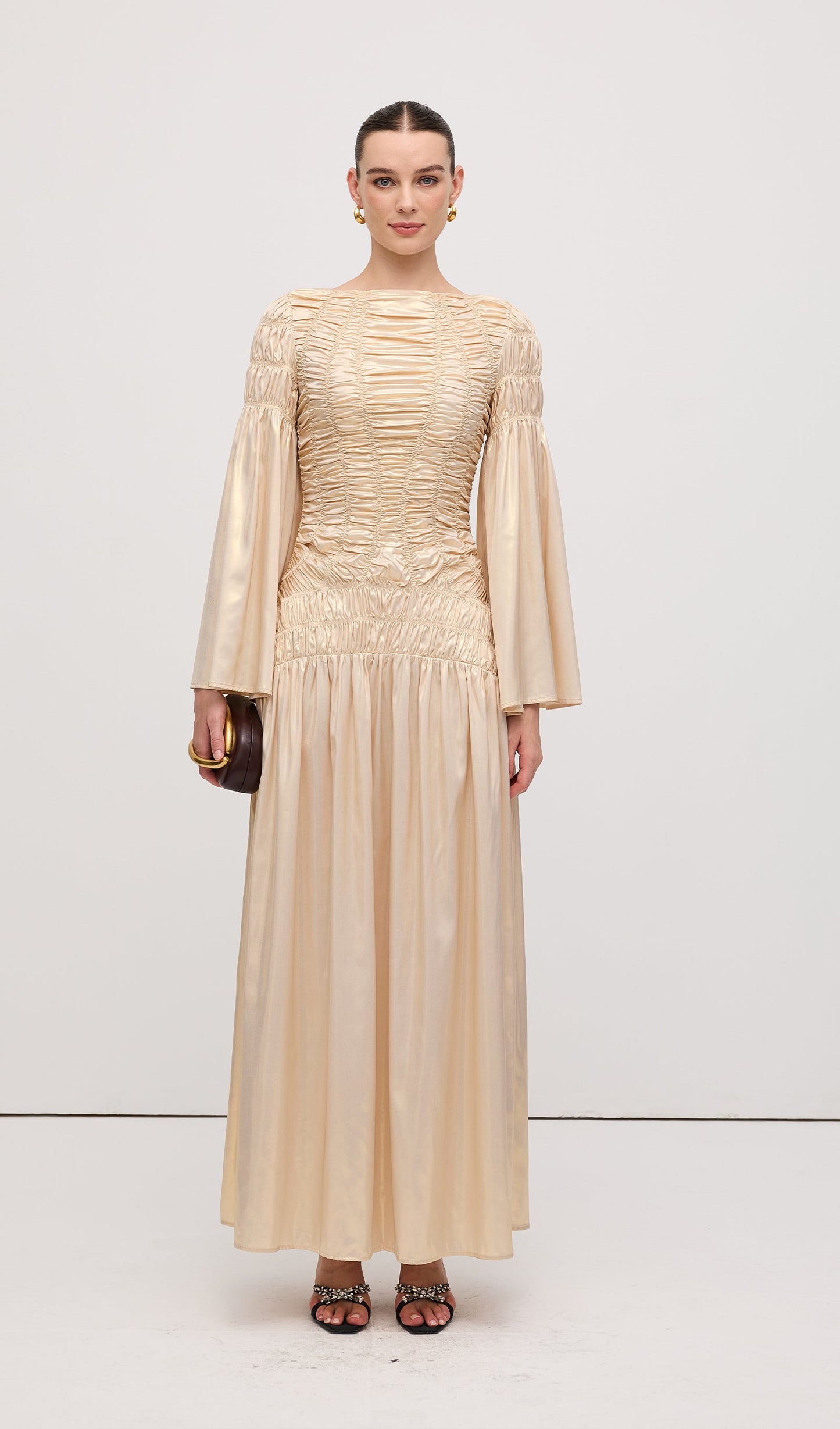 Metallic Elasticated Gathers Maxi Dress In Solid