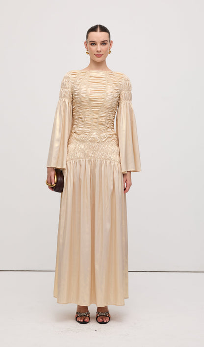 Metallic Elasticated Gathers Maxi Dress In Solid