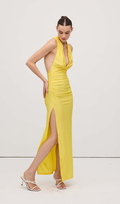 Halter V Neck Slit Midi Dress