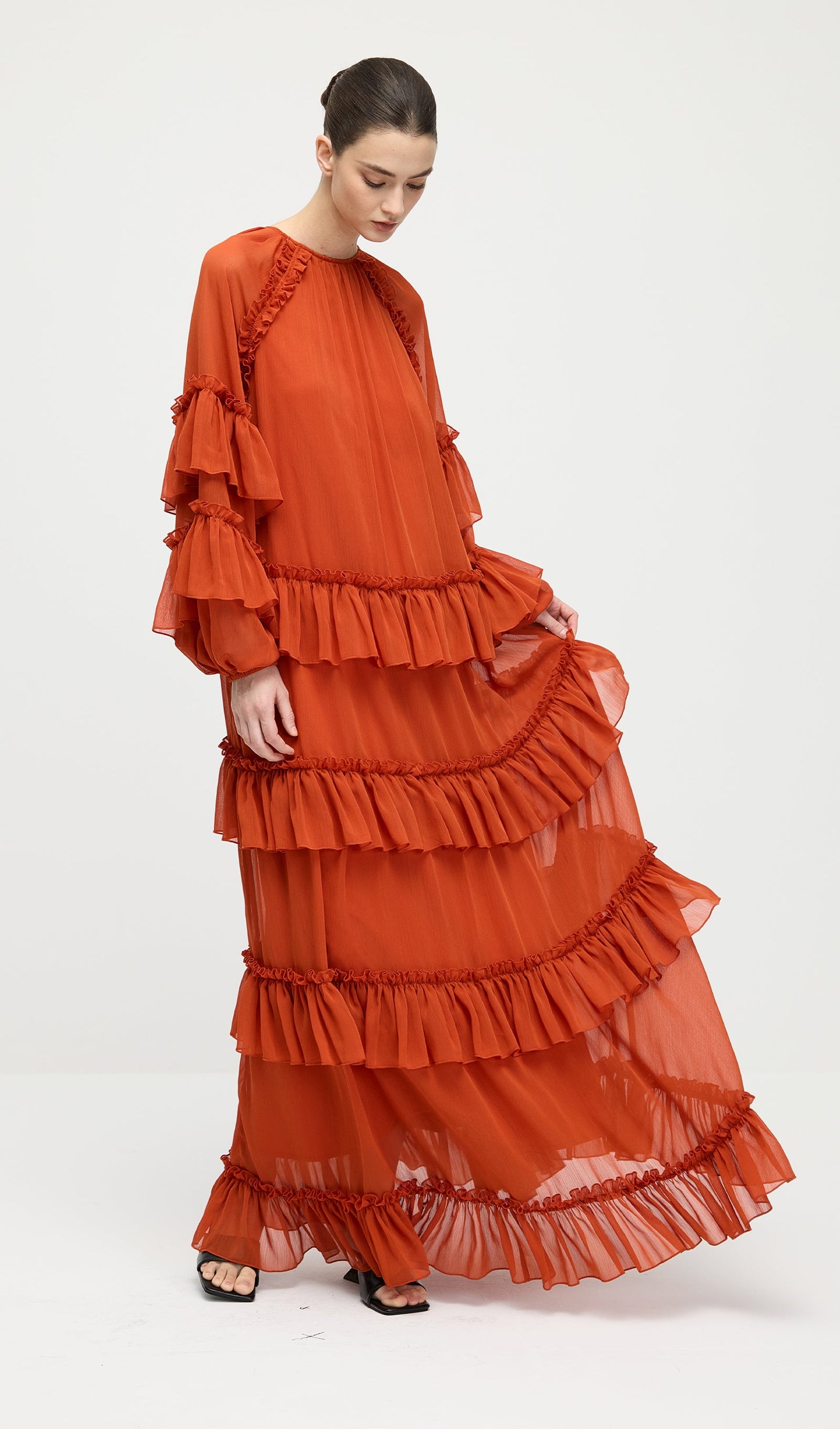 Ruffle Tiered Puff Sleeve Maxi Dress In Orange