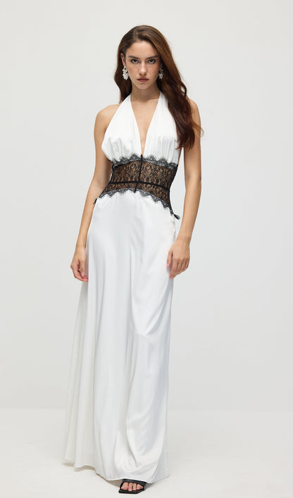 Lace And Satin Maxi Dress In White
