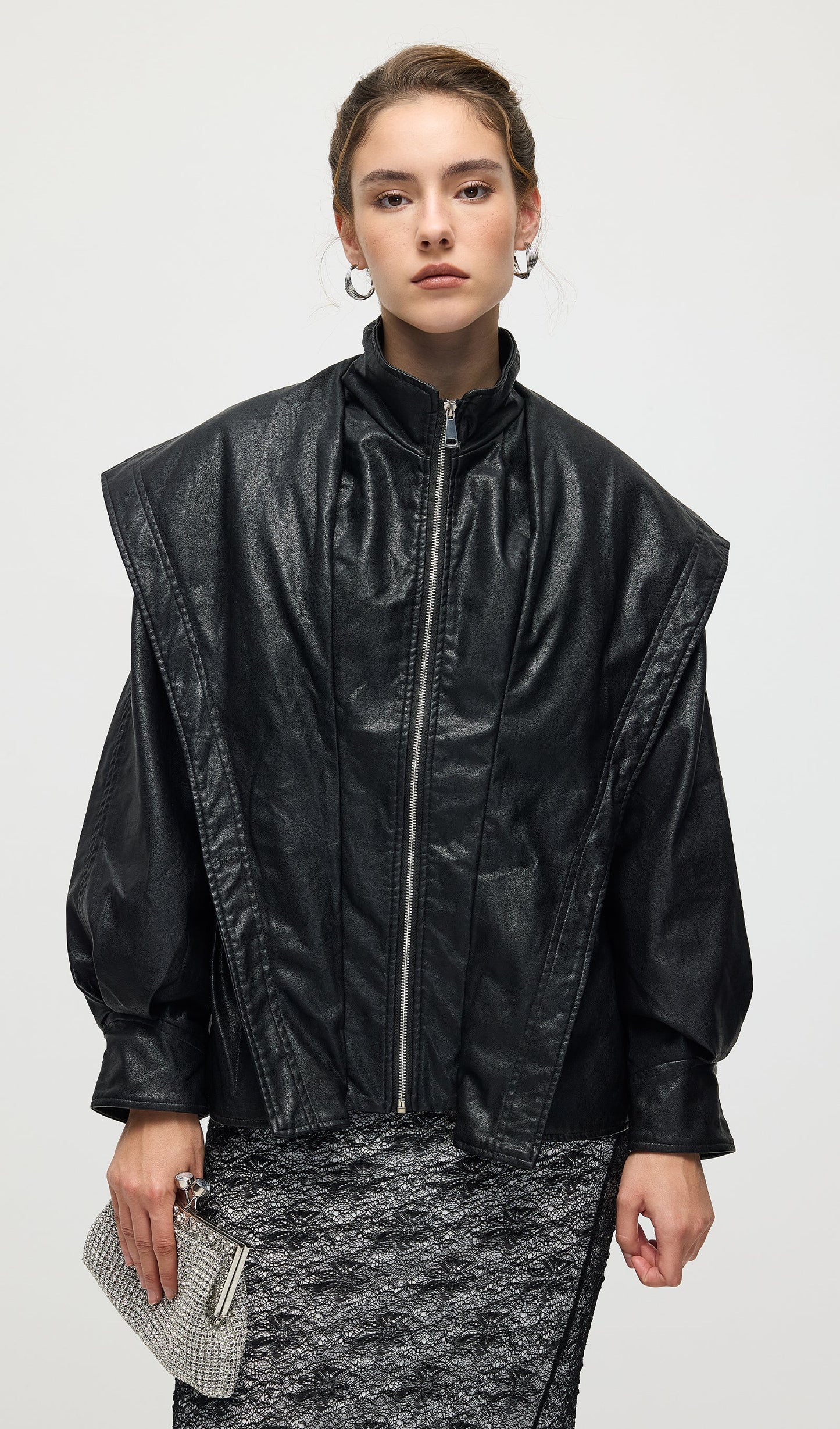 Waisted Lapel Leather Jacket In Black
