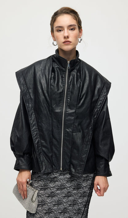 Waisted Lapel Leather Jacket In Black