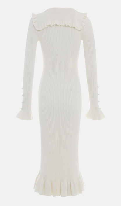 Knitted Ruffle Midi Dress-White