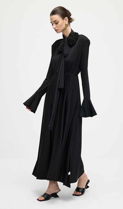 Flower V-Neck Pleated Slit Maxi Dress In Black