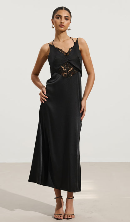 Lace-Trimmed Backless Halter Maxi Dress
