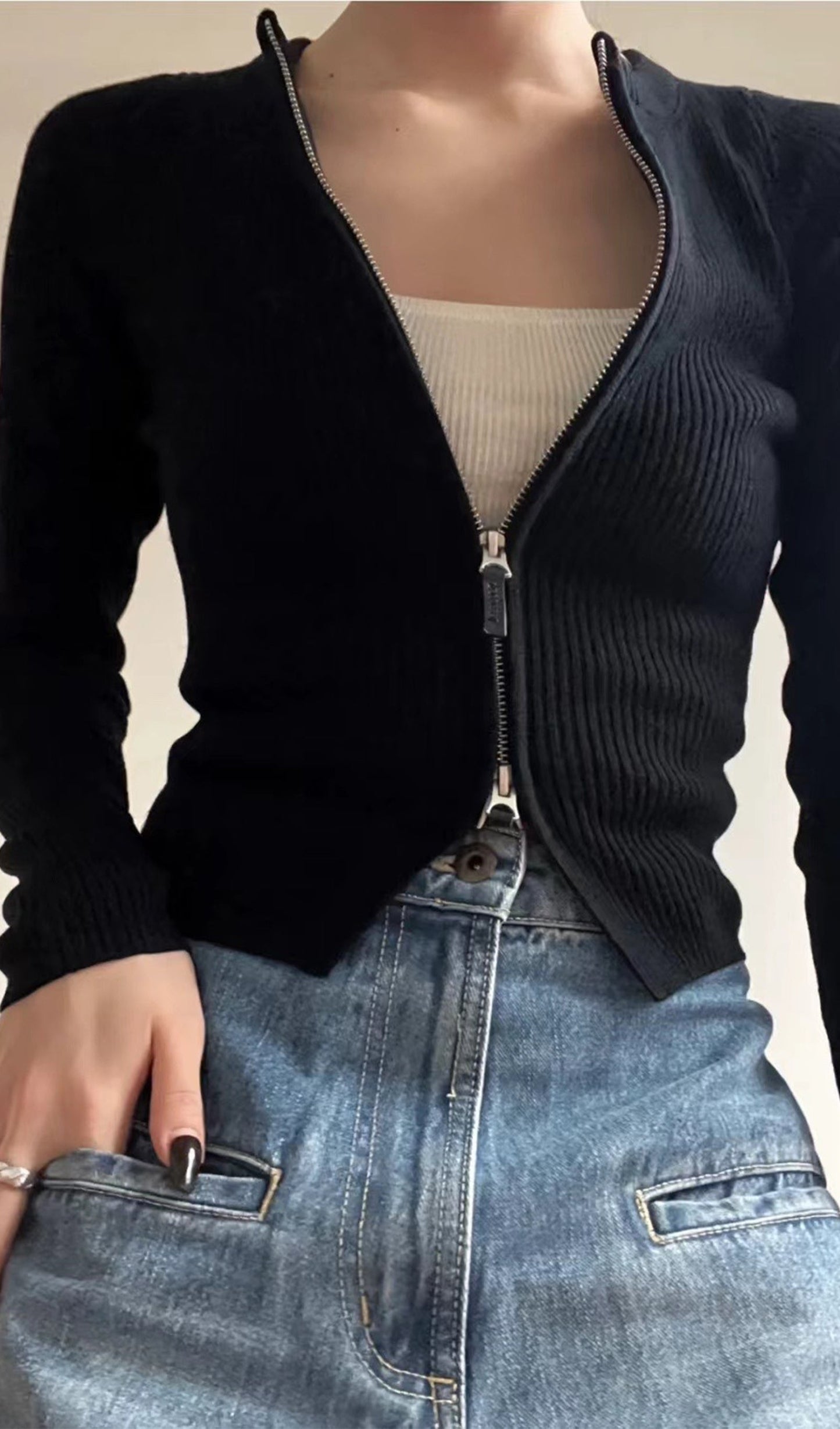 Zip-Up Ribbed Knit Cardigan Top