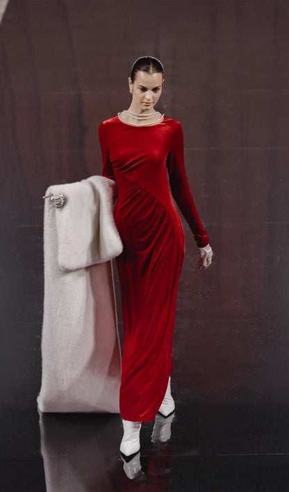Long Sleeved Gathers  Maxi Dress Red