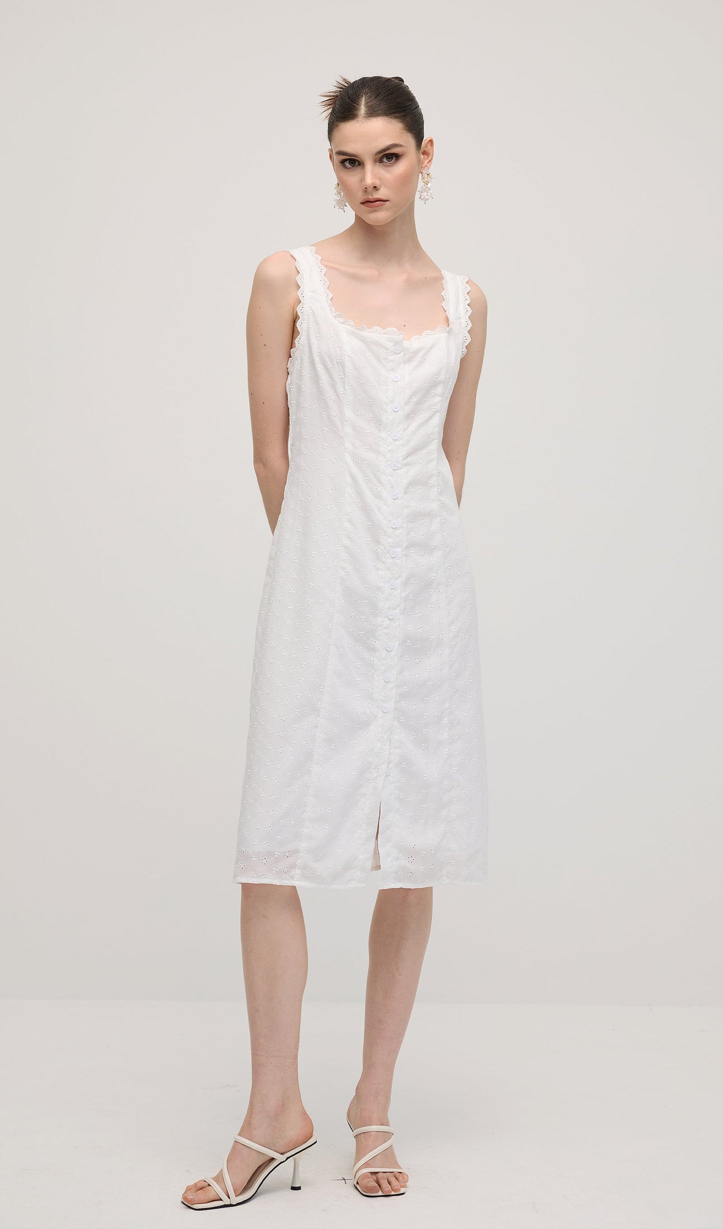 Solid Eyelet Sleeveless Midi Dress
