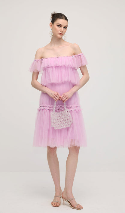 A Line Off Shoulder Layered Midi Dress