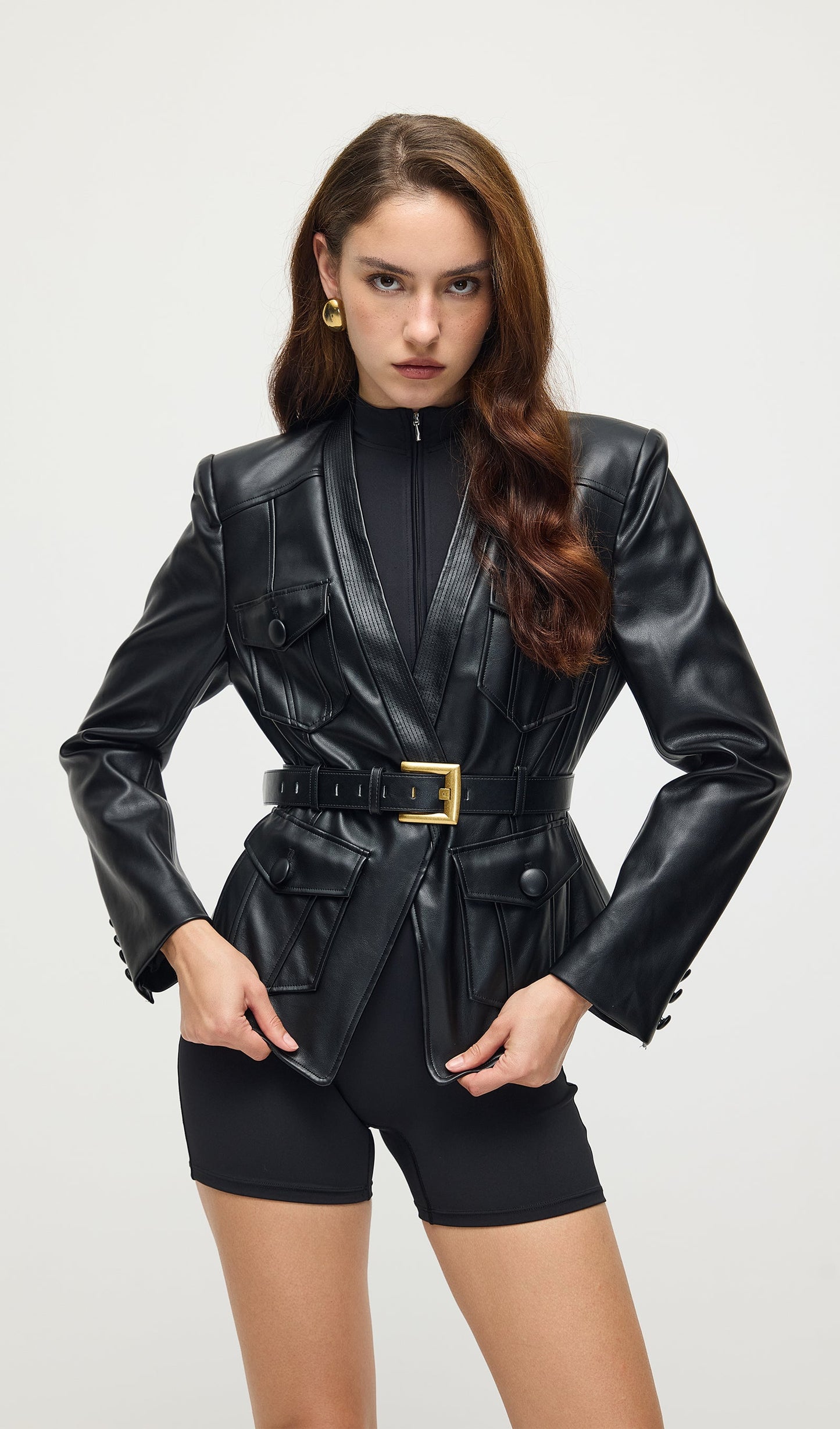 Button Belted Leather Jacket In Black