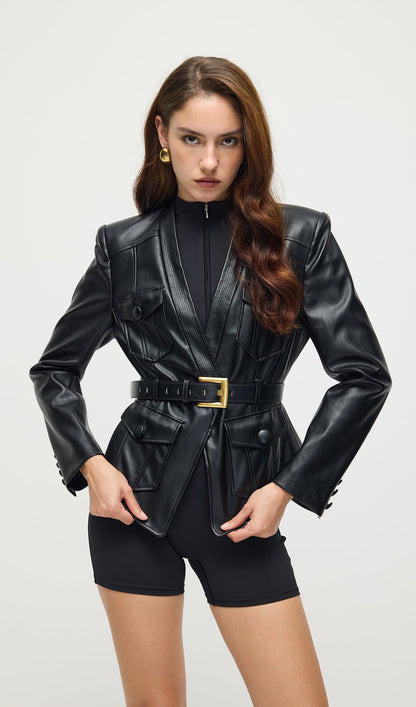 Button Belted Leather Jacket In Black